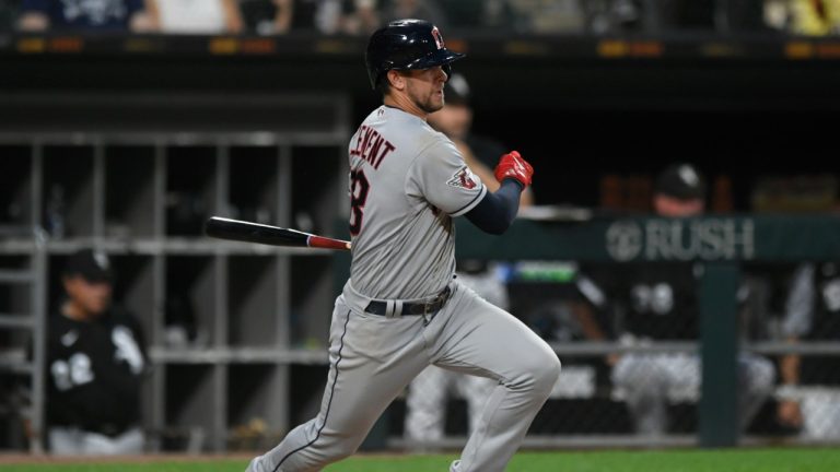 Cleveland Guardians' Ernie Clement watches his RBI single against the Chicago White Sox during the seventh inning of the second baseball game of a doubleheader Saturday, July 23, 2022, in Chicago. (Paul Beaty/AP Photo)