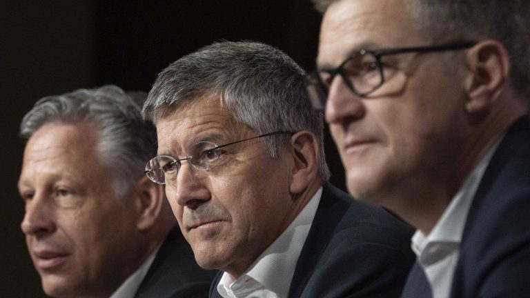 New Bayern Munich soccer club CEO Jan Christian Dreesen, foreground right, president Herbert Hainer and media director Stefan Mennerich attend a news conference in Munich, Germany, Sunday, May 28, 2023. Bayern's Bundesliga title celebrations were quickly overshadowed by the fallout from the club’s decision to fire former goalkeeper Oliver Kahn and Hasan Salihamidzic from their positions as top executives. Supervisory board vice-chairman Jan-Christian Dreesen will take over as CEO from Kahn, while a successor for Salihamidzic still needs to be found. (Matthias Schrader/AP)