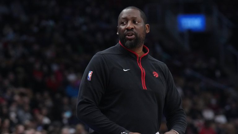 Toronto Raptors Assistant Coach Adrian Griffin takes charge of the team against Detroit Pistons in NBA basketball action in Toronto on Sunday, February 12, 2023, after Head Coach Nick Nurse missed the games due to personal reasons. (Chris Young/CP)