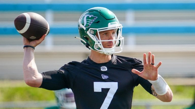 Saskatchewan Roughriders quarterback Trevor Harris throws during the first day of spring training main camp in Saskatoon, Sask., on Sunday, May 14, 2023. (Heywood Yu/CP)