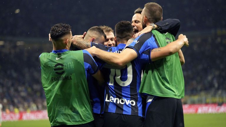 Inter Milan players and Inter Milan's head coach Simone Inzaghi celebrate after winning the Serie A soccer match between Inter Milan and Atalanta at the San Siro Stadium. (Antonio Calanni/AP)
