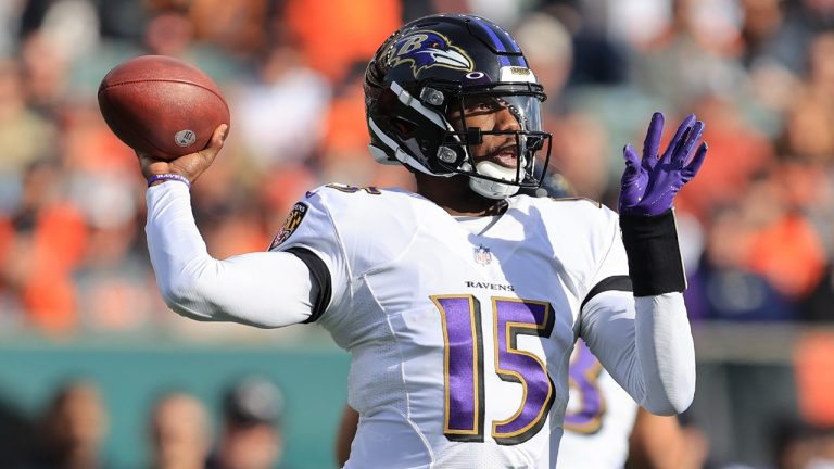 Baltimore Ravens quarterback Josh Johnson (15) throws during the first half of an NFL football game against the Cincinnati Bengals, Sunday, Dec. 26, 2021, in Cincinnati. (Aaron Doster/AP)