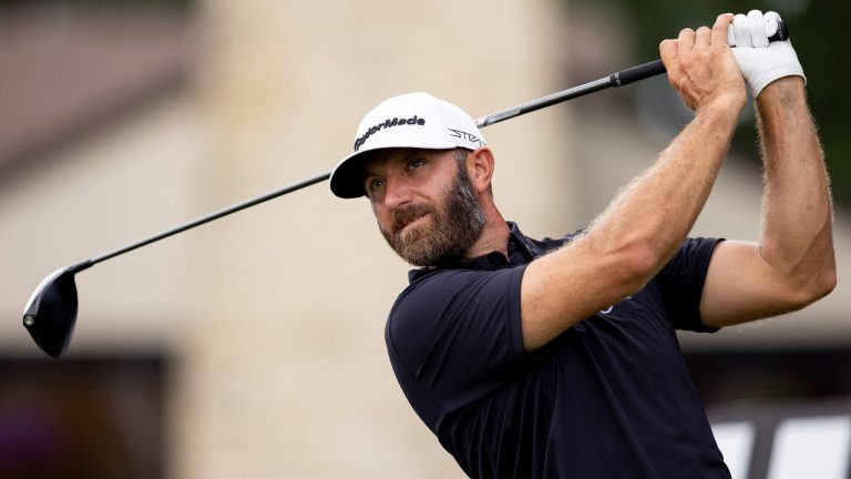 Captain Dustin Johnson of 4Aces GC hits his shot from the eighth tee during the final round of LIV Golf Tulsa at the Cedar Ridge Country Club on Sunday, May. 14, 2023 in Broken Arrow, Oklahoma. (Katelyn Mulcahy/LIV Golf via AP)