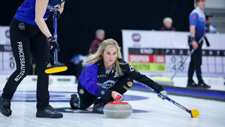 Jennifer Jones shoots a stone during the sixth round-robin draw of the KIOTI Tractor Champions Cup on Wednesday, May 3, 2023, in Regina. (Anil Mungal/GSOC)