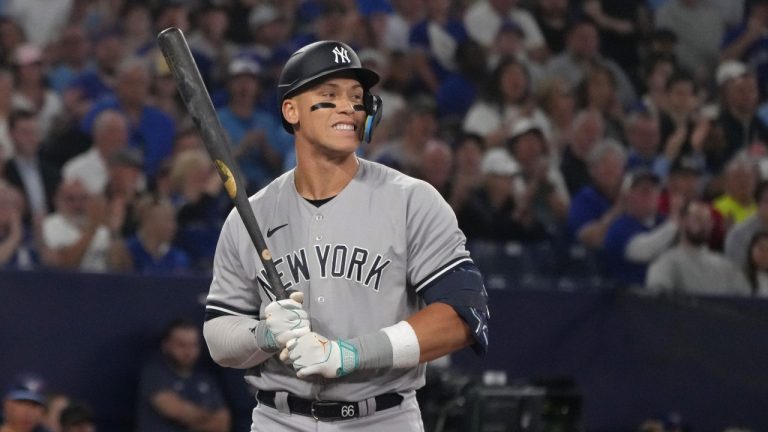 New York Yankees' Aaron Judge reacts after striking out against Toronto Blue Jays starting pitcher Kevin Gausman during fifth inning American League MLB baseball action in Toronto on Tuesday, May 16 2023. (Chris Young/THE CANADIAN PRESS)