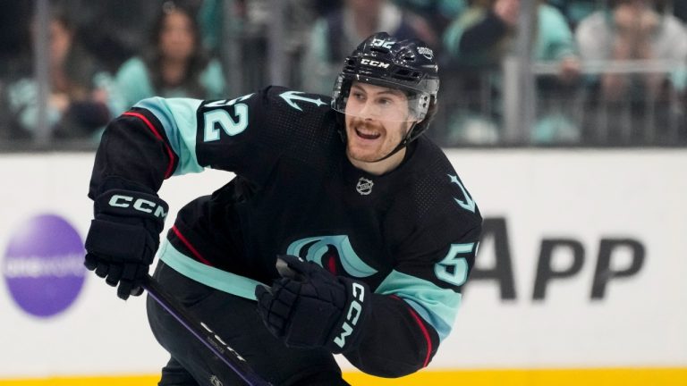 Seattle Kraken left wing Tye Kartye (52) in action against the Colorado Avalanche during the first period of Game 6 of an NHL hockey Stanley Cup first-round playoff series Friday, April 28, 2023, in Seattle. (Lindsey Wasson/AP Photo)