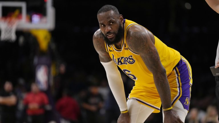 Los Angeles Lakers forward LeBron James stands on the court during the second half in Game 6 of an NBA basketball Western Conference semifinal series against the Golden State Warriors Friday, May 12, 2023, in Los Angeles. (Ashley Landis/AP)