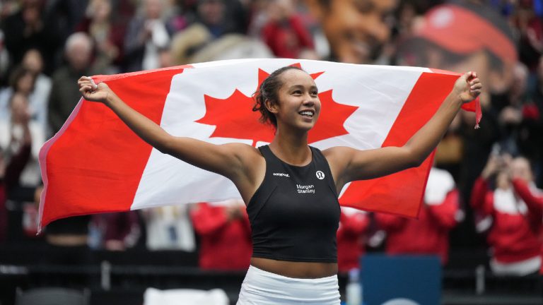 Canada's Leylah Fernandez celebrates after she and Gabriela Dabrowski defeated Belgium's Kirsten Flipkens and Greet Minnen during a Billie Jean King Cup qualifiers doubles match, in Vancouver, on Saturday, April 15, 2023. Canada won three of the five matches to win the qualifying tie and advance to the 2023 Billie Jean King Cup finals. (Darryl Dyck/CP)