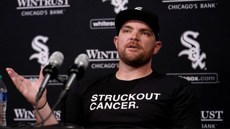 Chicago White Sox's Liam Hendriks talks to reporters before a baseball game between the White Sox and the Minnesota Twins on Wednesday, May 3, 2023, in Chicago. (Charles Rex Arbogast/AP)