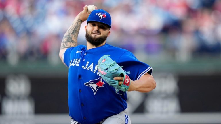 Toronto Blue Jays' Alek Manoah pitches during the first inning of a baseball game against the Philadelphia Phillies, Tuesday, May 9, 2023, in Philadelphia. (Matt Slocum/AP Photo)