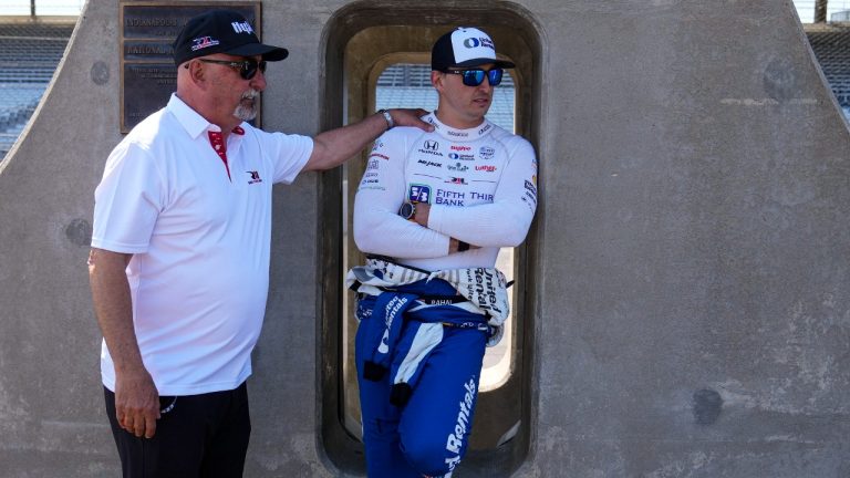 Bobby Rahal talks with his son and driver Graham Rahal before qualifications for the for the final three starting spots in the Indianapolis 500 auto race at Indianapolis Motor Speedway in Indianapolis, Sunday, May 21, 2023. (Dave Parker/AP)