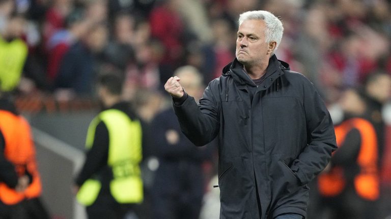 Roma's head coach Jose Mourinho celebrates after the Europa League semifinal second leg soccer match between Bayer Leverkusen and Roma at the BayArena in Leverkusen. (Martin Meissner/AP)