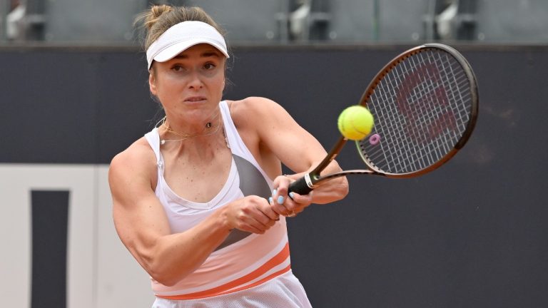 Ukraine's Elina Svitolina in action during her match against Ukraine's Lesia Tsurenko at the Italian Open tennis tournament, in Rome, Italy, Wednesday May 10, 2023. (AP)