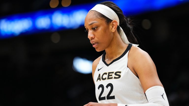 Las Vegas Aces forward A'ja Wilson (22) looks on against the Seattle Storm during the second half of a WNBA basketball game Saturday, May 20, 2023, in Seattle. (Lindsey Wasson/AP)