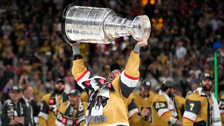 Vegas Golden Knights defenseman Alec Martinez skates with the Stanley Cup after the Knights defeated the Florida Panthers 9-3 in Game 5 of the NHL hockey Stanley Cup Finals Tuesday, June 13, 2023, in Las Vegas. The Knights won the series 4-1. (John Locher/AP)