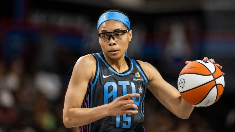 Atlanta Dream guard Allisha Gray (15) drives to the basket during a WNBA basketball game against the Las Vegas Aces, Friday, June 2, 2023, in College Park, Ga. (Danny Karnik/AP)