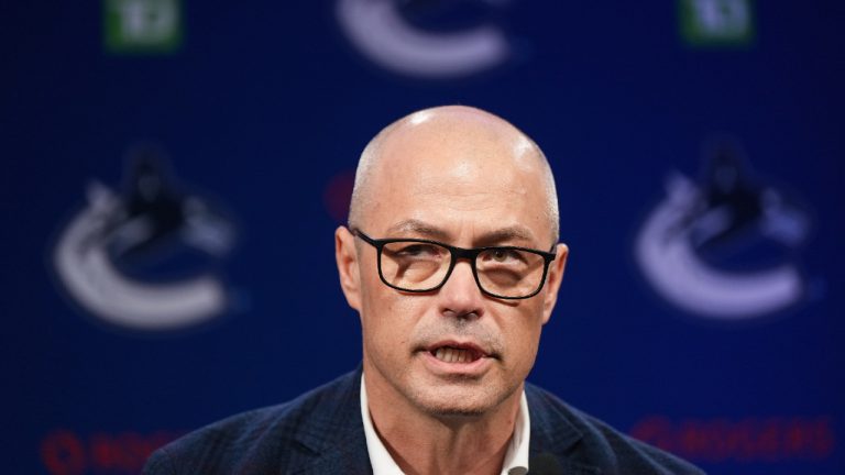 Vancouver Canucks general manager Patrik Allvin speaks during a news conference in Vancouver, on Sunday, January 22, 2023. (Darryl Dyck/CP)