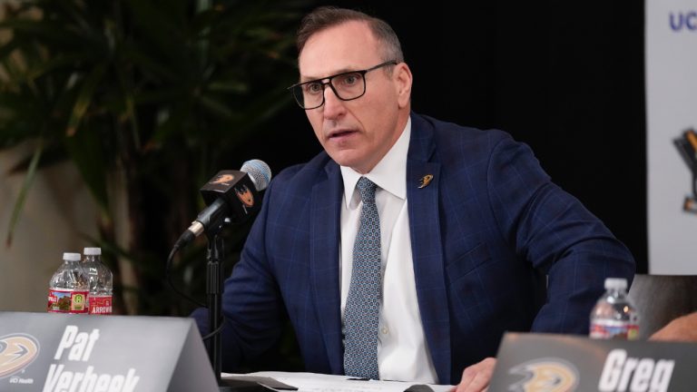 Anaheim Ducks general manager Pat Verbeek speaks to reporters during a press conference that announced Greg Cronin as the team's new head coach in Anaheim, Calif., Monday, June 5, 2023. (Ashley Landis/AP)