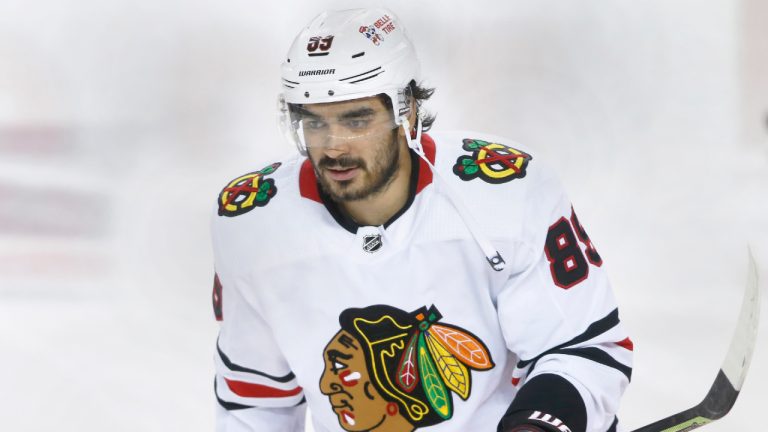 Chicago Blackhawks player Andreas Athanasiou at a game against the Calgary Flames in Calgary, Alta., on April 4, 2023. (Larry MacDougal/CP)