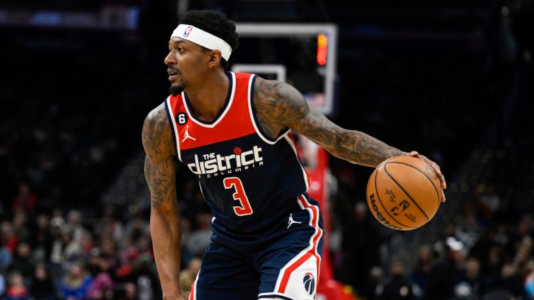 Washington Wizards guard Bradley Beal (3) handles the ball during the first half of an NBA basketball game against the Toronto Raptors, Saturday, March 4, 2023, in Washington. (Terrance Williams/AP)