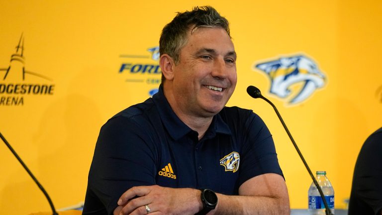 Nashville Predators new head coach Andrew Brunette responds to questions during a news conference at the NHL hockey team's arena Wednesday, May 31, 2023, in Nashville, Tenn. (George Walker IV/AP)