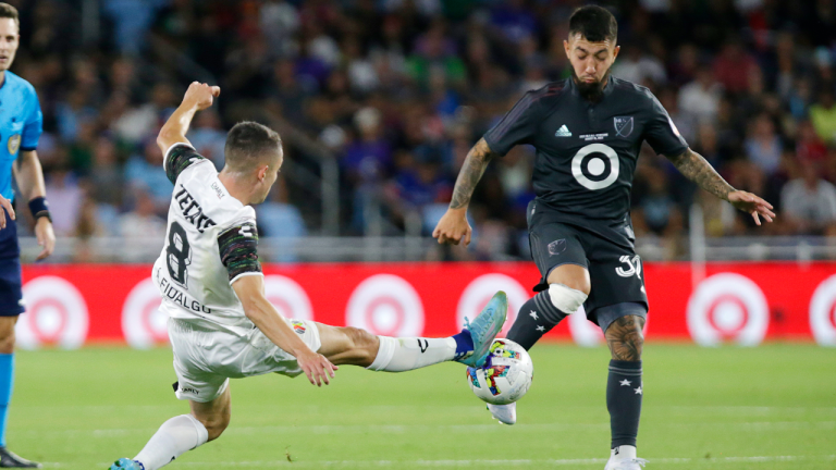 MLS All Star Game Soccer
MLS All-Star Luciano Acosta (32) and Liga MX All-Star Ãlvaro Fidalgo (8) vie for the ball during the second half of the MLS All-Star soccer match Wednesday, Aug. 10, 2022, in St. Paul, Minn. (AP)