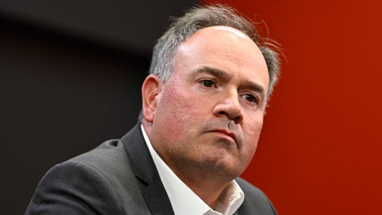 Pierre Dorion participates in a news conference as the Senators beging their training camp in Ottawa, on Wednesday, Sept. 21, 2022. (Justin Tang/CP)