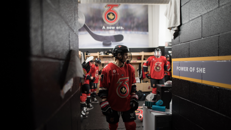 Tereza Vanisova of the Toronto Six of the Premier Hockey Federation makes her way towards the ice for warm-up before a game against the Connecticut Whale, at Canlan Sports at York University in Toronto, on Saturday, January 21, 2023. (CP)