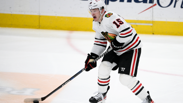 Chicago Blackhawks right wing Joey Anderson (15) skates with the puck during the third period of an NHL hockey game against the Washington Capitals, Thursday, March 23, 2023, in Washington. (AP)