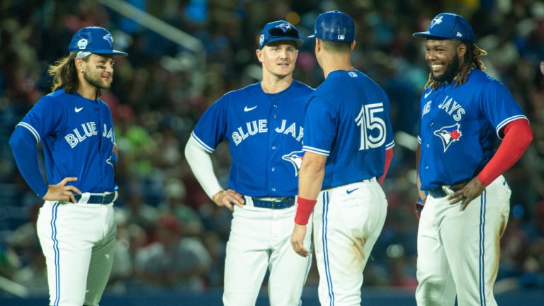 Toronto Blue Jays infielders, from left, Bo Bichette, Matt Chapman, Whit Merrifield and Vladimir Guerrero Jr. during a spring training game against the Philadelphia Phillies at TD Ballpark in Dunedin, Fla., Friday, March 24, 2023. (Mark Taylor/CP)