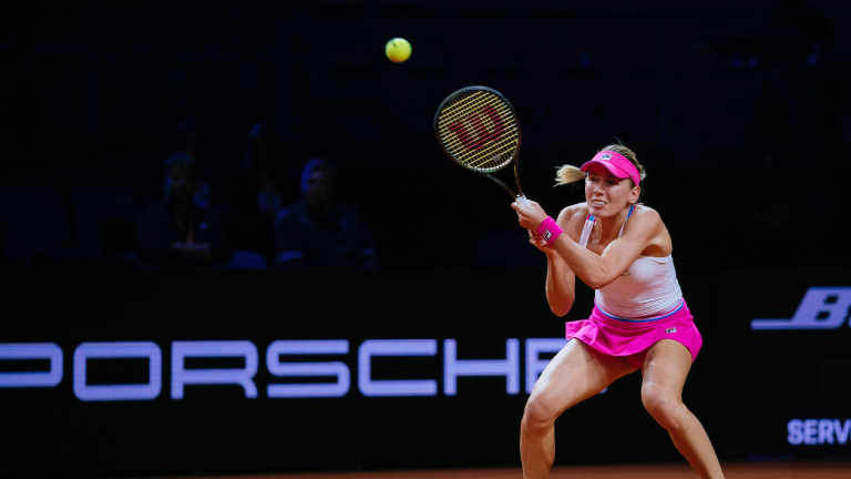 Russia's Ekaterina Alexandrov returns the ball to Croatia's Donna Vekic during a WTA tour tennis match in Stuttgart, Germany, Monday, April 17, 2023. (Thomas Niedermueller/dpa via AP)