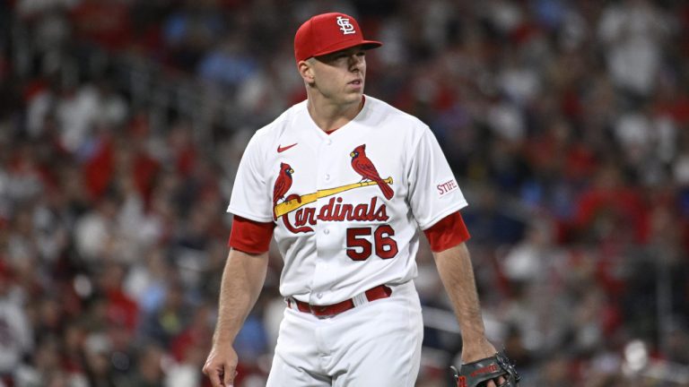 St. Louis Cardinals relief pitcher Ryan Helsley (56) looks on in the eighth inning of a baseball game against the Los Angeles Angels on Wednesday May 3, 2023, in St. Louis. (Joe Puetz/AP)