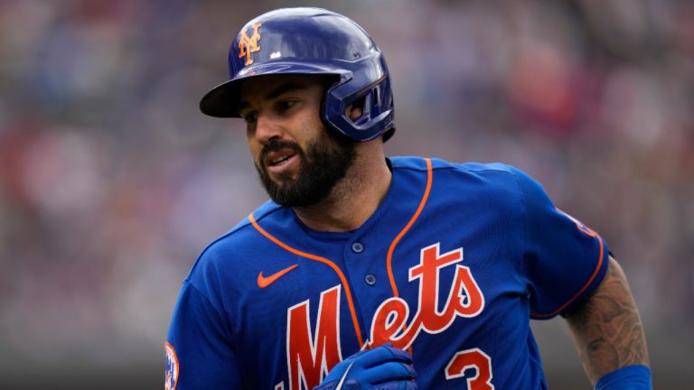 New York Mets' Tomas Nido during the sixth inning of the first baseball game of a doubleheader against the Atlanta Braves at Citi Field, Monday, May 1, 2023, in New York. (Seth Wenig/AP) 