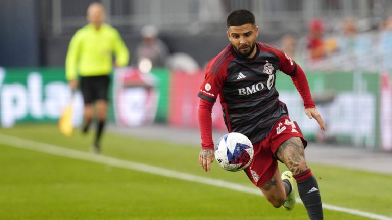 Toronto FC's Lorenzo Insigne brings the ball forward during Canadian Championship quarterfinal soccer action against CF Montreal in Toronto on Tuesday, May 9, 2023. (CP)