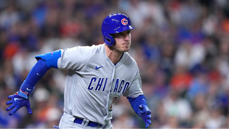 Chicago Cubs' Cody Bellinger runs up the first base line against the Houston Astros during the fifth inning of a baseball game Monday, May 15, 2023, in Houston. (AP Photo/David J. Phillip)