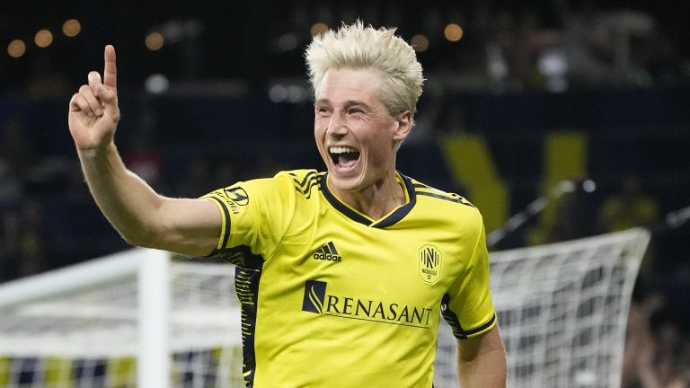 Nashville SC defender Lukas MacNaughton celebrates a goal during the second half of an MLS soccer match against Inter Miami Wednesday, May 17, 2023, in Nashville, Tenn. (AP Photo/George Walker IV)