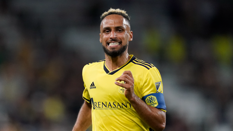 Nashville FC midfielder Hany Mukhtar runs up the field during the second half of an MLS soccer match against Inter Miami CF, Wednesday, May 17, 2023, in Nashville, Tenn. Nashville won 2-1. (AP)