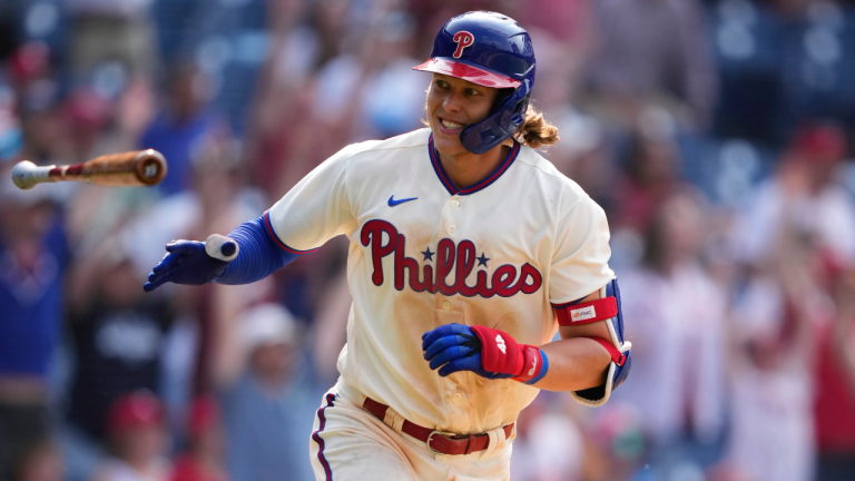 Philadelphia Phillies' Alec Bohm reacts after hitting a game-winning RBI-single against Arizona Diamondbacks relief pitcher Jose Ruiz during the tenth inning of a baseball game, Wednesday, May 24, 2023, in Philadelphia. (AP Photo/Matt Slocum)