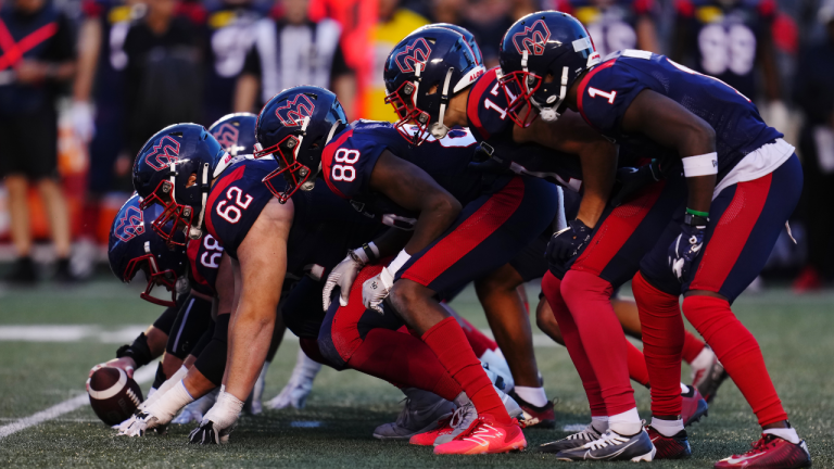 The Montreal Alouettes offence prepares for the snap against the Ottawa Redblacks during first half CFL pre-season football action in Ottawa on Friday, May 26, 2023. THE CANADIAN PRESS/Sean Kilpatrick