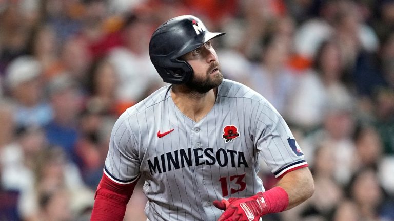 Minnesota Twins' Joey Gallo (13) bats against the Houston Astros during the sixth inning of a baseball game Monday, May 29, 2023, in Houston. (David J. Phillip/AP)