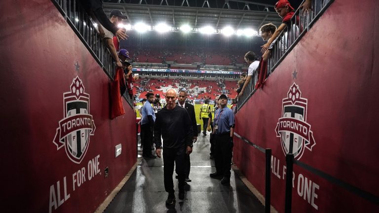 Toronto FC Head Coach Bob Bradley walks down the tunnel after his team's draw against the Chicago Fire following MLS action in Toronto on Wednesday, May 31, 2023.THE CANADIAN PRESS/Chris Young