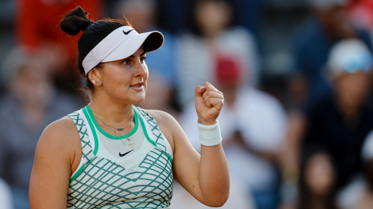 Canada's Bianca Andreescu reacts during her second round match of the French Open tennis tournament against Emma Navarro of the U.S., at the Roland Garros stadium in Paris, Thursday, June 1, 2023. (AP Photo/Jean-Francois Badias)