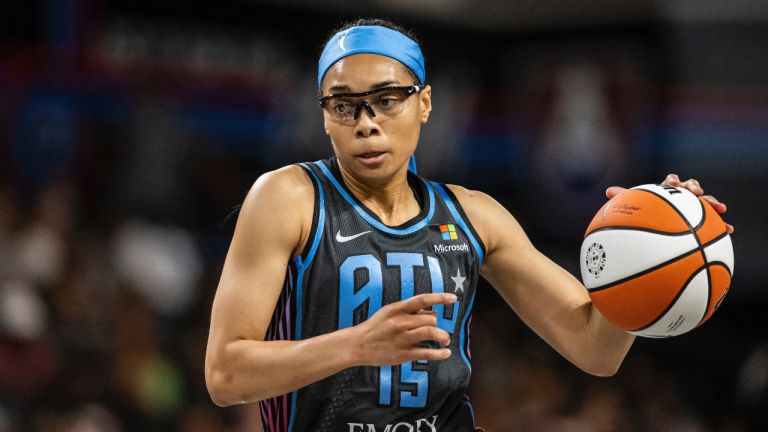 Atlanta Dream guard Allisha Gray (15) drives to the basket during a WNBA basketball game against the Las Vegas Aces, Friday, June 2, 2023, in College Park, Ga. (Danny Karnik/AP)