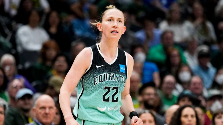 New York Liberty guard Courtney Vandersloot (22) looks on during the second half of a WNBA basketball game against the Seattle Storm, Tuesday, May 30, 2023, in Seattle. The Liberty won 86-78. (AP Photo/Lindsey Wasson)