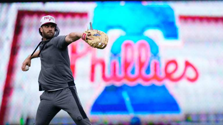 Philadelphia Phillies' Bryce Harper warms up before a baseball game against the Detroit Tigers, Tuesday, June 6, 2023, in Philadelphia. (AP Photo/Matt Slocum)