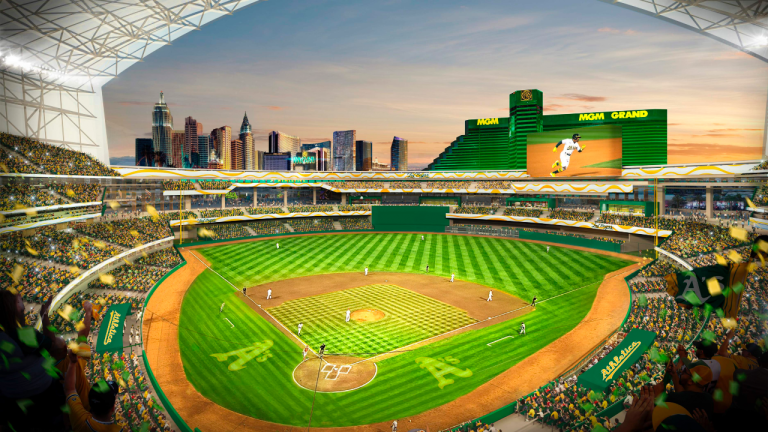 This rendering provided by the Oakland Athletics on May 26, 2023, shows a view of their proposed new ballpark at the Tropicana site in Las Vegas. (Courtesy of Oakland Athletics via AP)