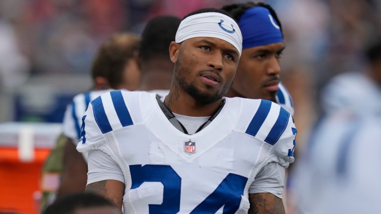 Indianapolis Colts cornerback Isaiah Rodgers Sr. (34) stands on the sideline during an NFL football game against the New England Patriots on Nov. 6, 2022, in Foxborough, Mass. Rodgers did not practice with his teammates Wednesday, June 7, 2023, two days after the team said it was aware of an NFL investigation into gambling allegations about one of its players. (Charles Krupa/AP) 