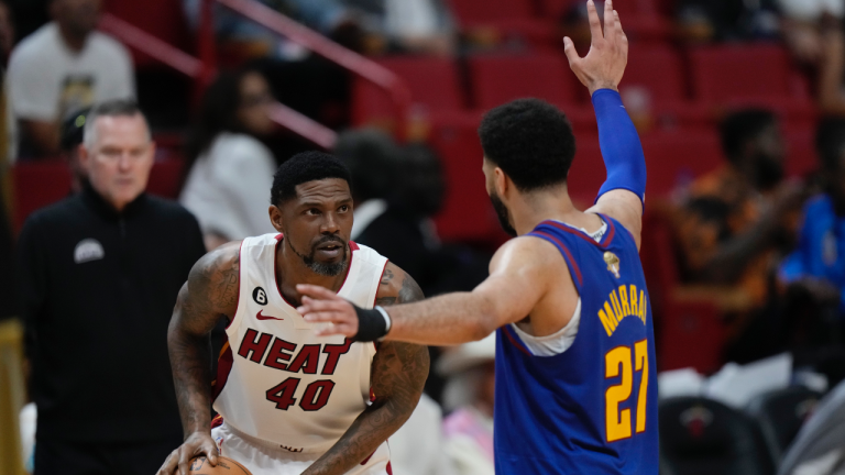 Denver Nuggets guard Jamal Murray (27) defends Miami Heat forward Udonis Haslem (40) during the second half of Game 3 of the NBA Finals basketball game, Wednesday, June 7, 2023, in Miami. (AP Photo/Wilfredo Lee)