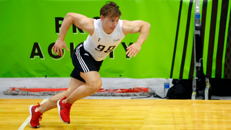 Connor Bedard runs the agility course during the NHL hockey combine, Saturday, June 10, 2023, in Buffalo, N.Y. (AP)