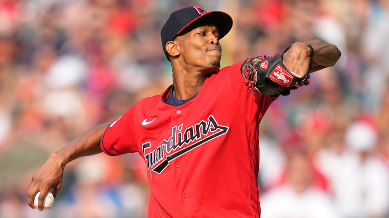 Cleveland Guardians' Triston McKenzie pitches in the first inning of a baseball game against the Houston Astros, Saturday, June 10, 2023, in Cleveland. (AP Photo/Sue Ogrocki)